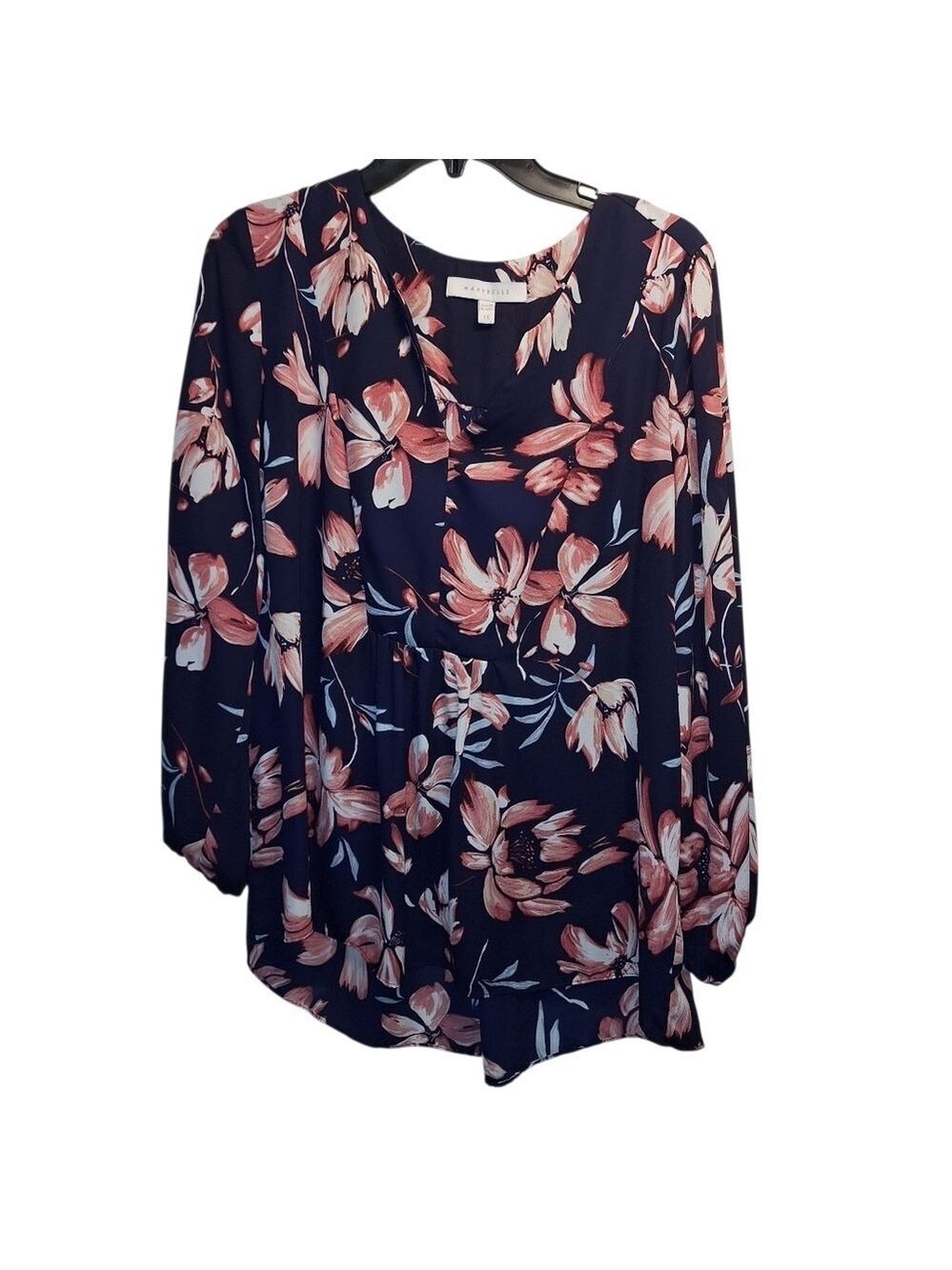 Marybelle Floral V Neck Blouse Pink Navy 1X